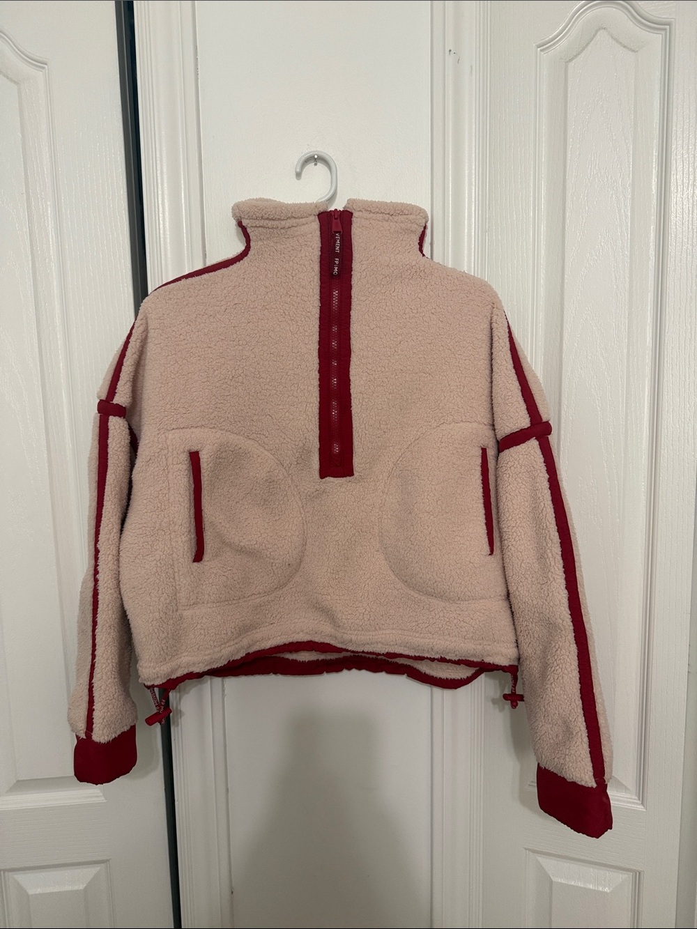 Free People Cream Sherpa Pullover with Red Trim